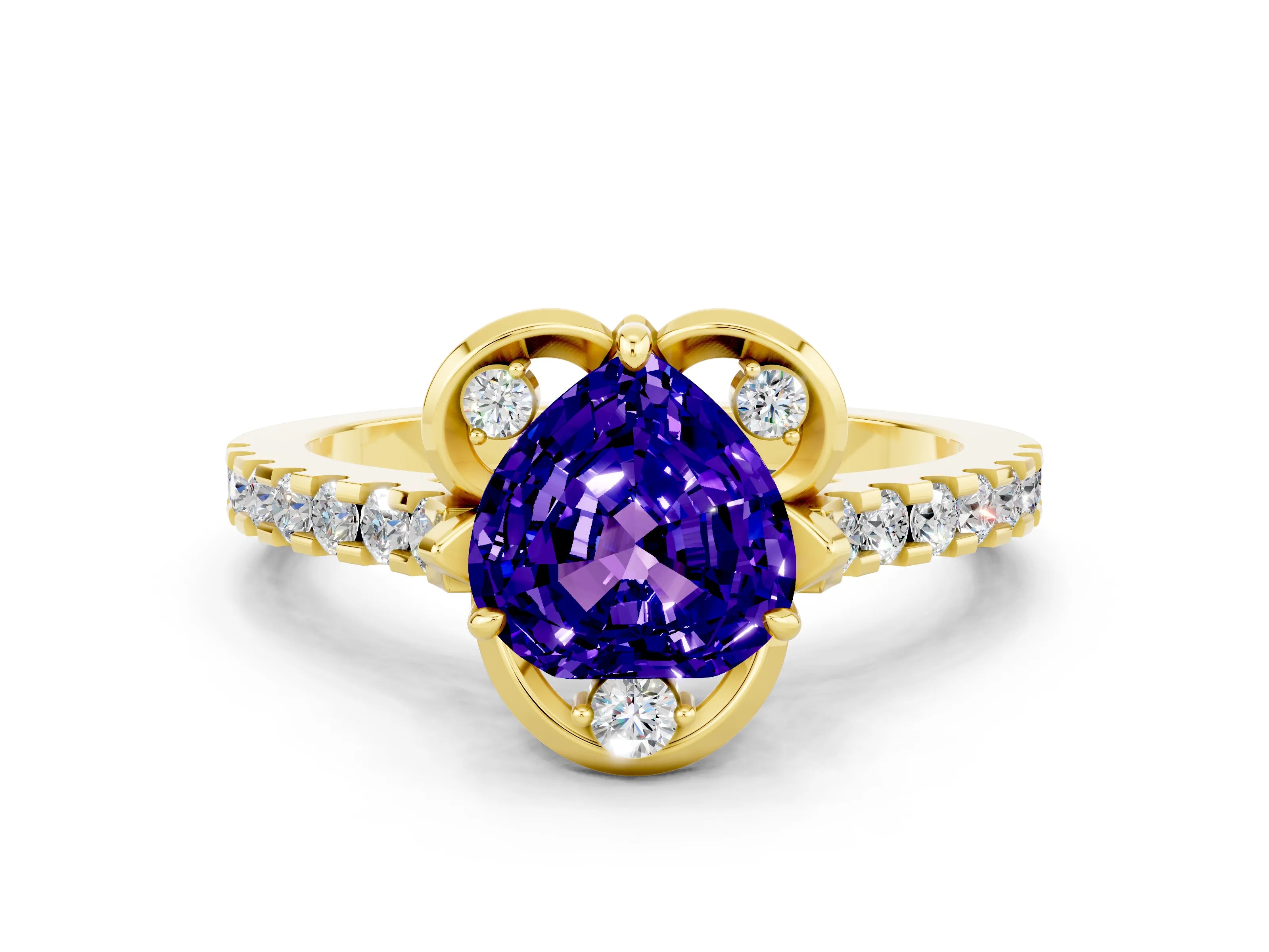Yellow gold Heart Cut Tanzanite Ring with Pavé Band and Floral Prong Setting