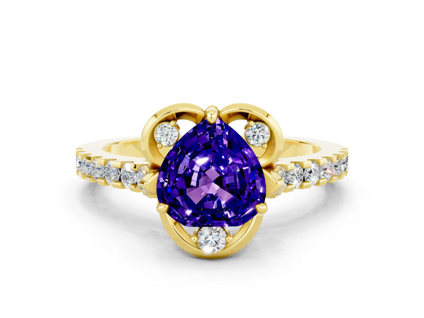 Yellow gold Heart Cut Tanzanite Ring with Pavé Band and Floral Prong Setting