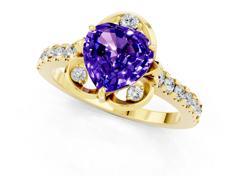 Yellow gold Heart Cut Tanzanite Ring with Pavé Band and Floral Prong Setting_1