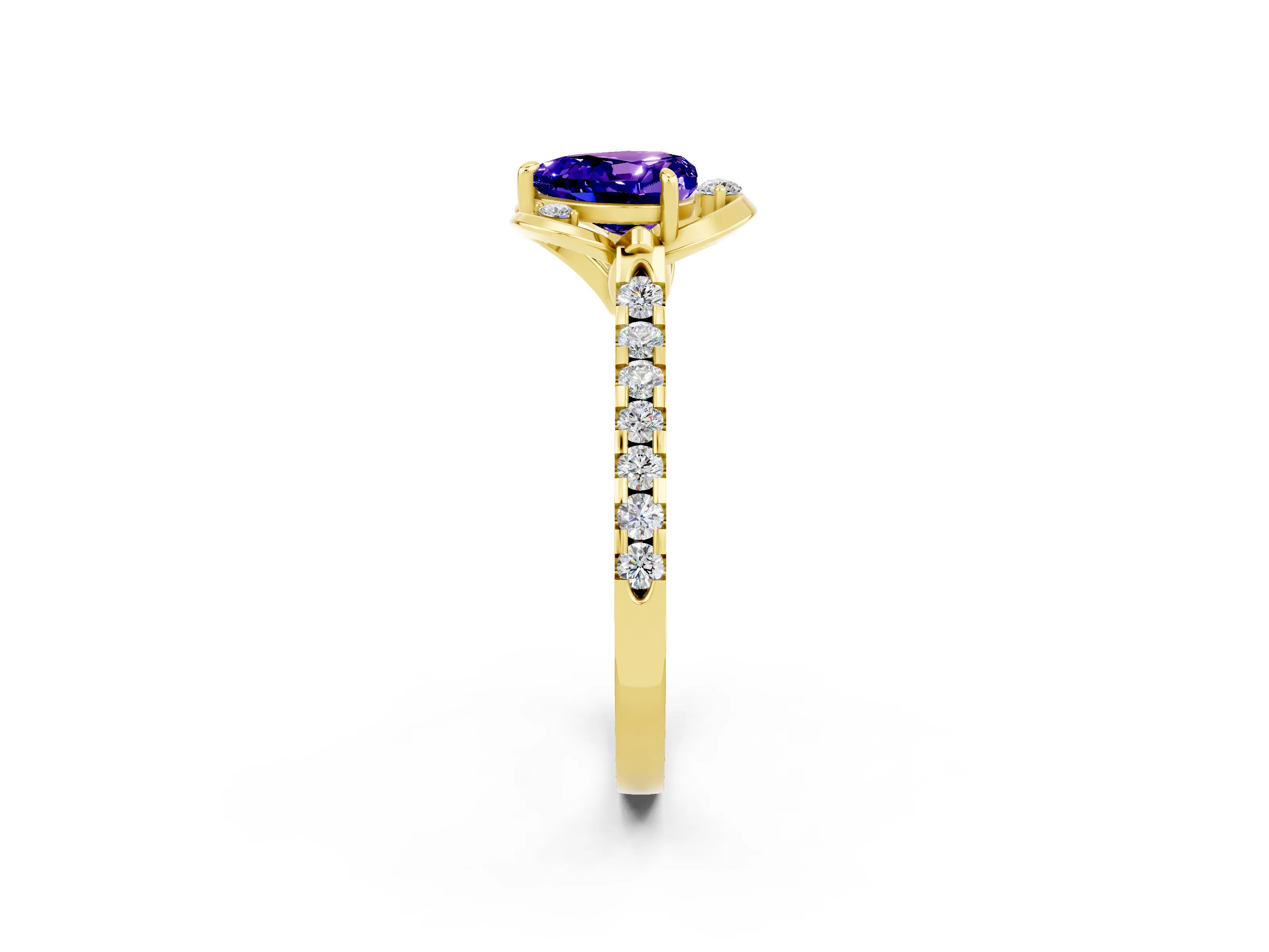 Yellow gold Heart Cut Tanzanite Ring with Pavé Band and Floral Prong Setting_2