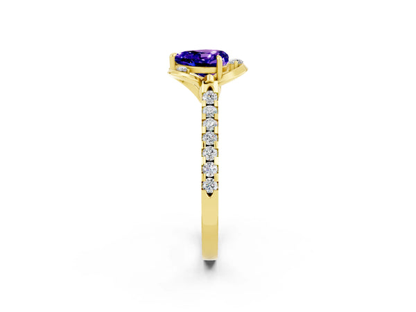 Yellow gold Heart Cut Tanzanite Ring with Pavé Band and Floral Prong Setting