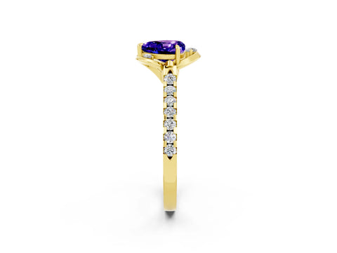 Yellow gold Heart Cut Tanzanite Ring with Pavé Band and Floral Prong Setting_2