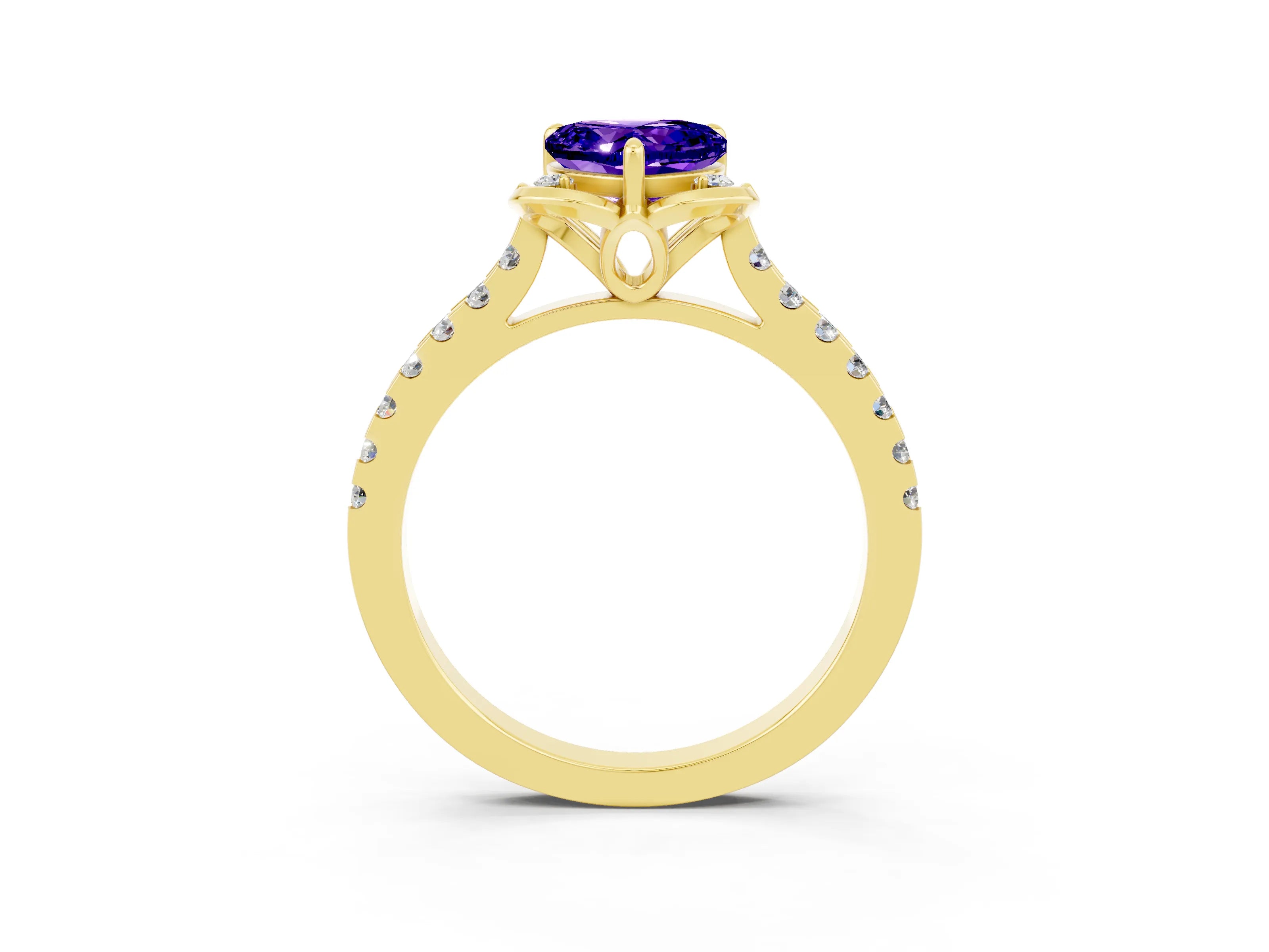 Yellow gold Heart Cut Tanzanite Ring with Pavé Band and Floral Prong Setting_3