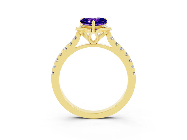 Yellow gold Heart Cut Tanzanite Ring with Pavé Band and Floral Prong Setting