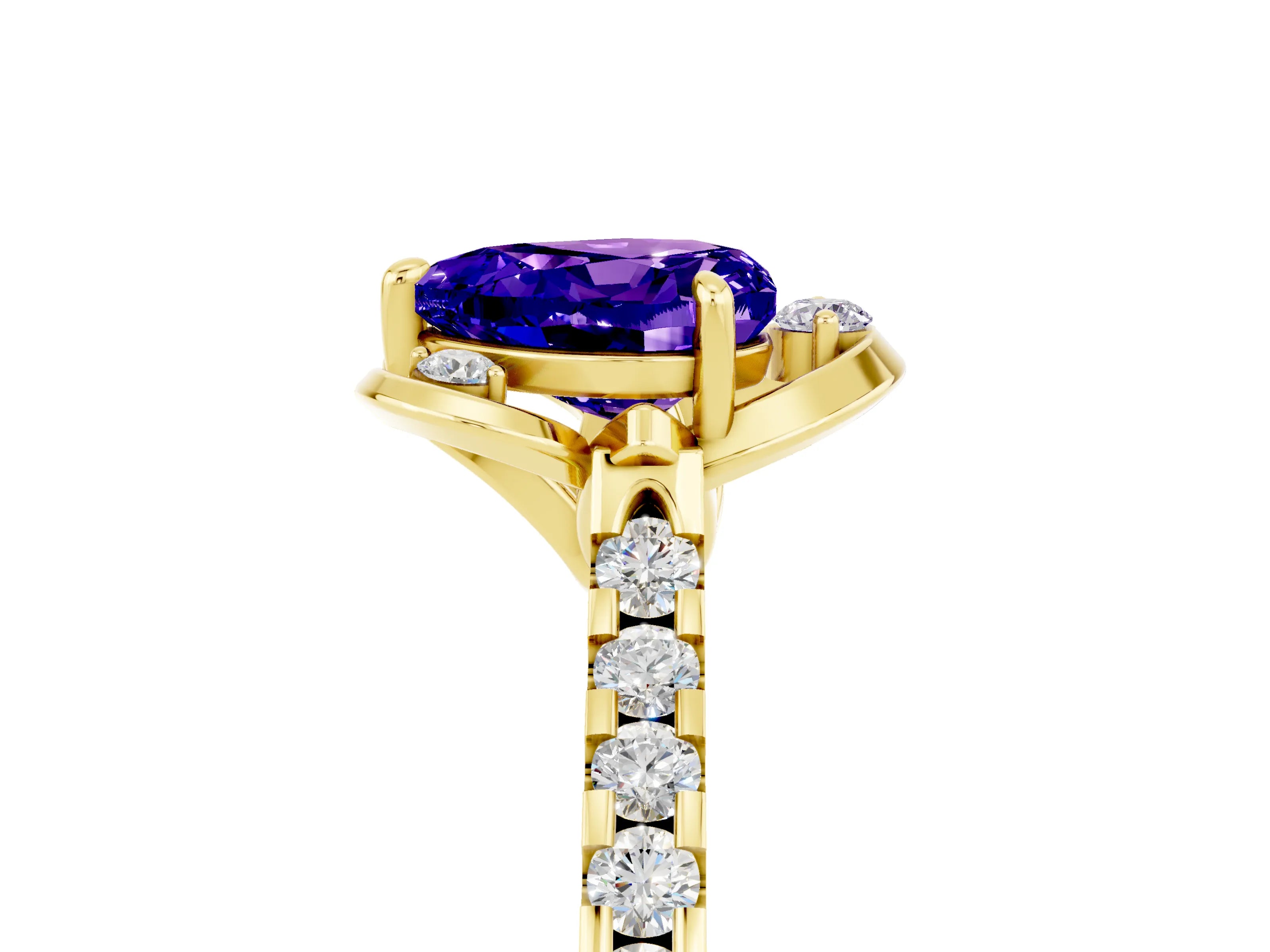 Yellow gold Heart Cut Tanzanite Ring with Pavé Band and Floral Prong Setting_5