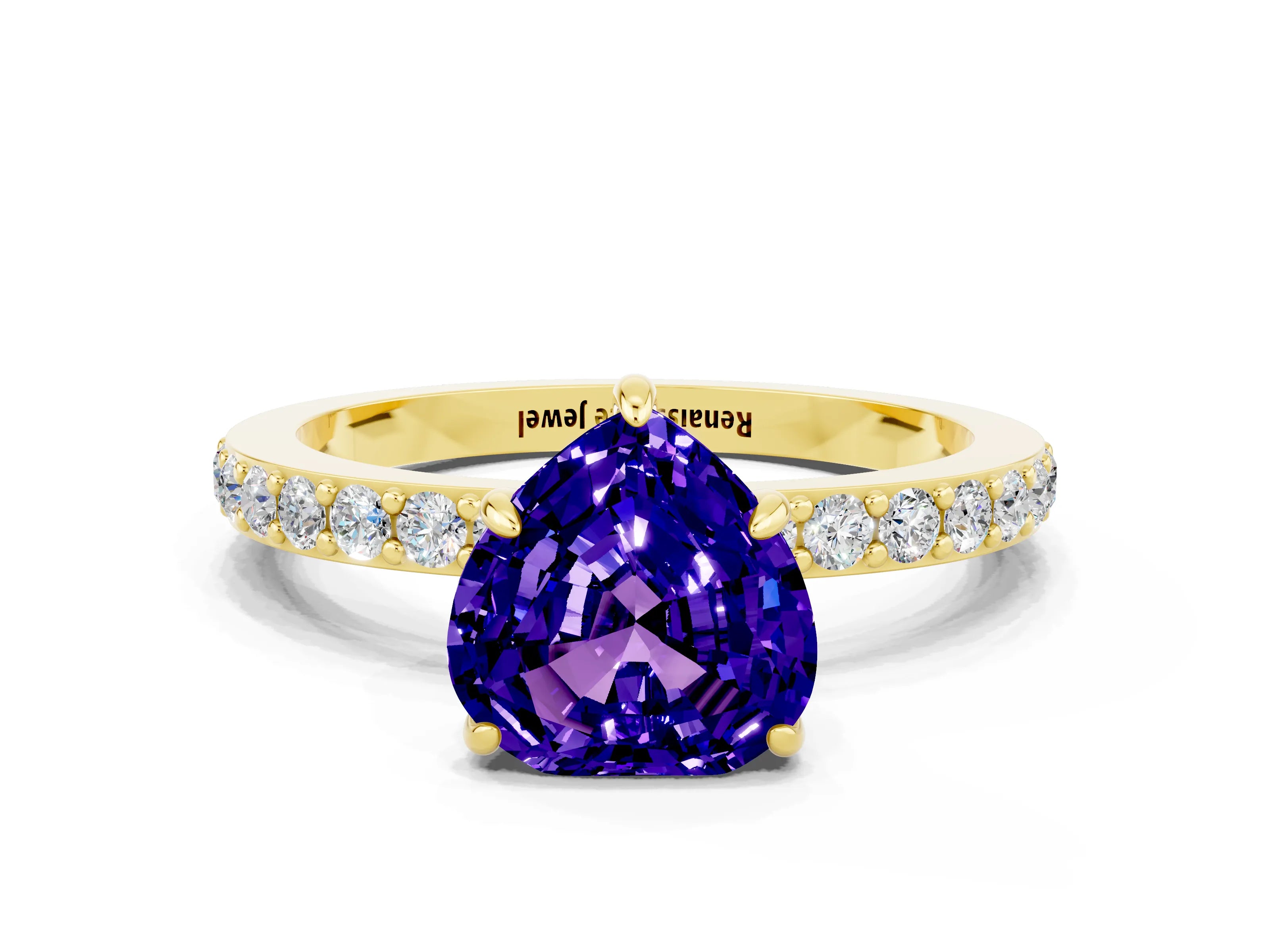 Yellow gold Heart Cut Tanzanite Ring with Pavé Band and Four-Prong Setting