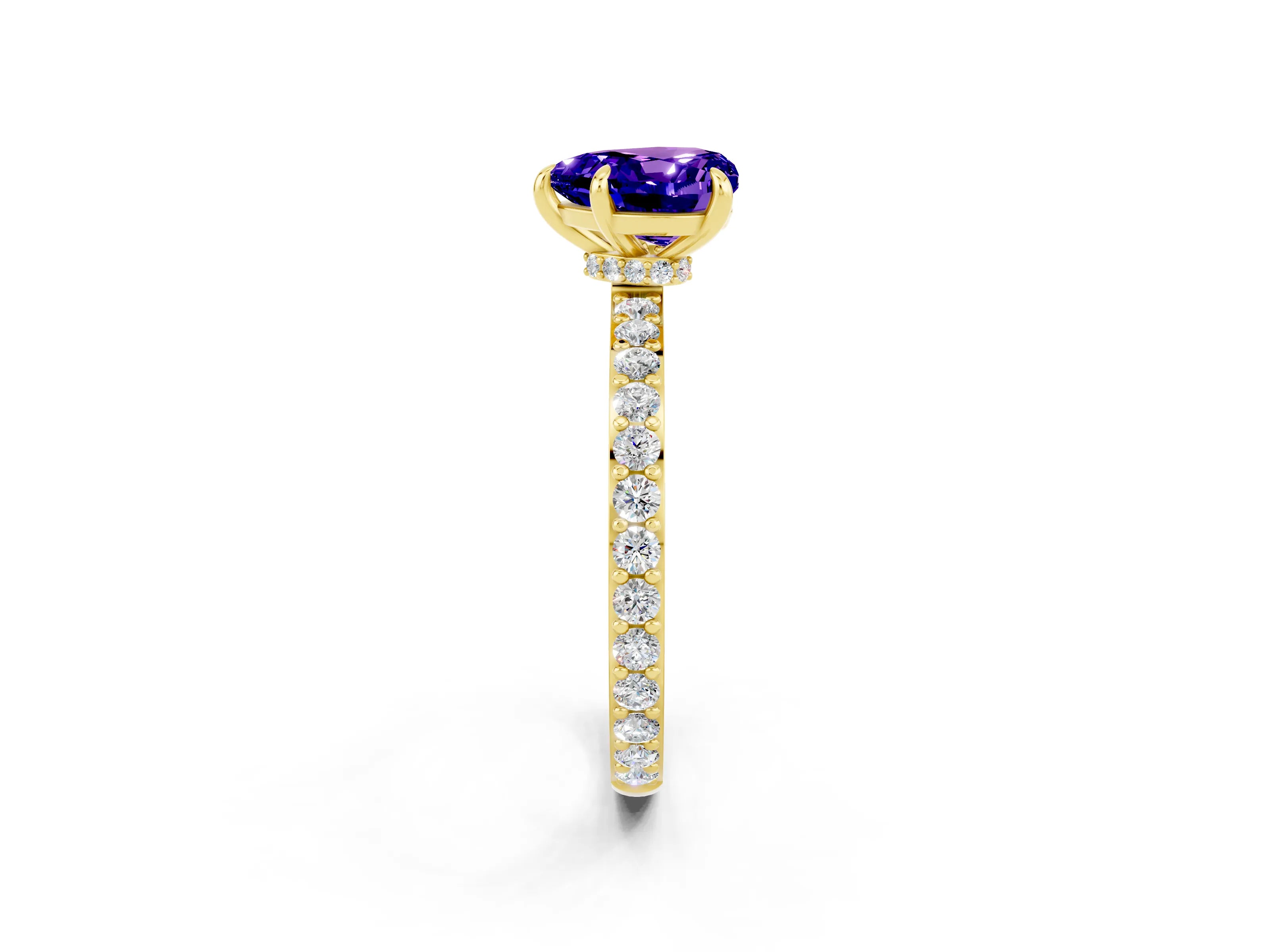 Yellow gold Heart Cut Tanzanite Ring with Pavé Band and Four-Prong Setting_2