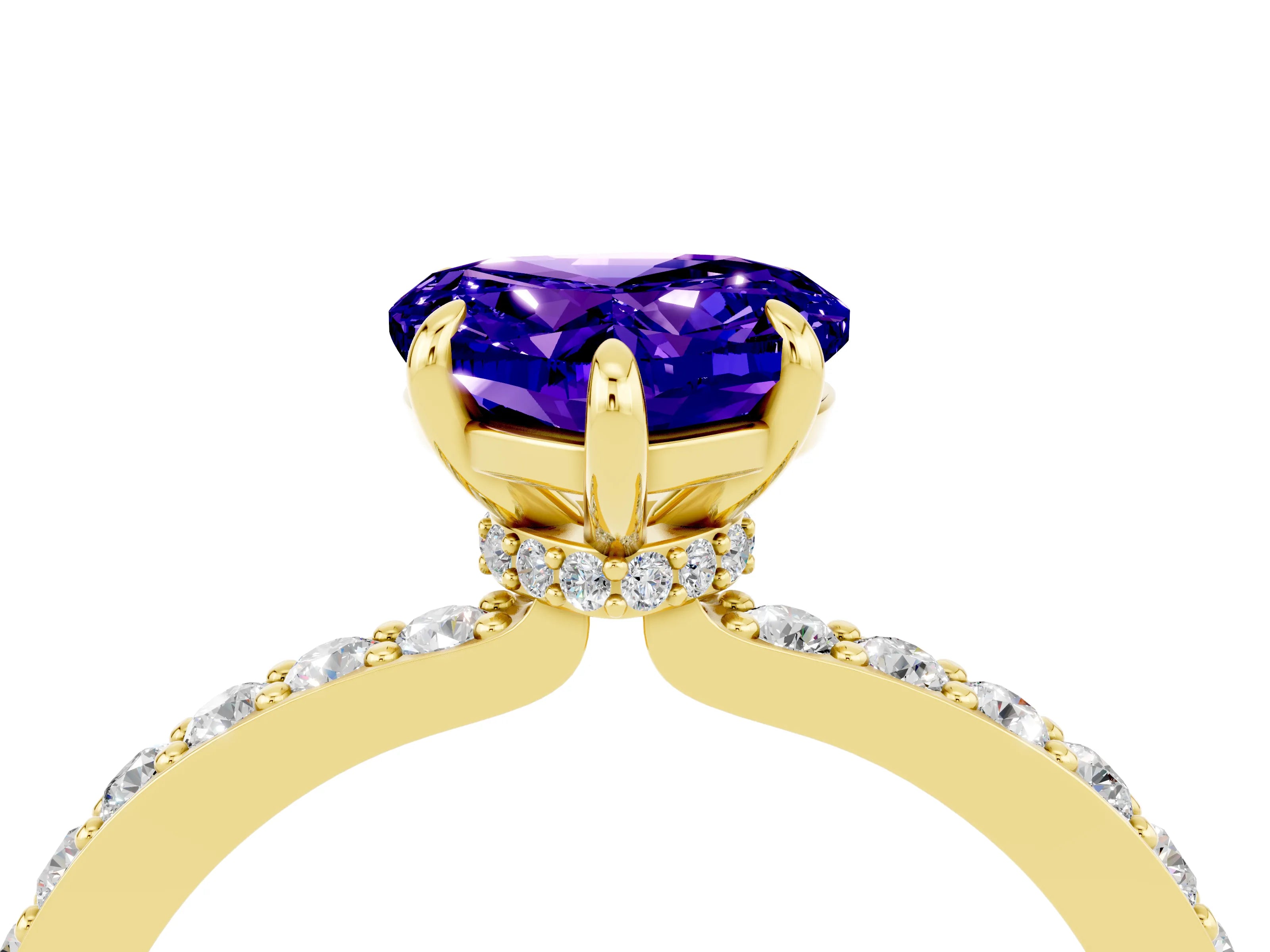Yellow gold Heart Cut Tanzanite Ring with Pavé Band and Four-Prong Setting_4