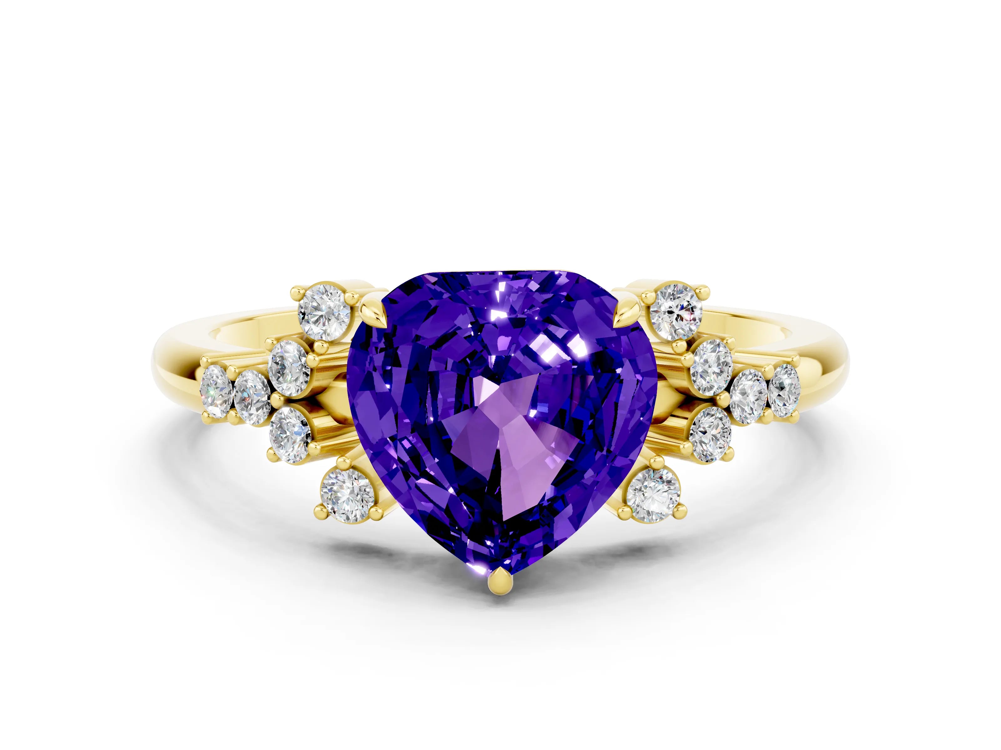 Yellow gold Heart Cut Tanzanite Ring with Side Stones and Four-Prong Setting_36