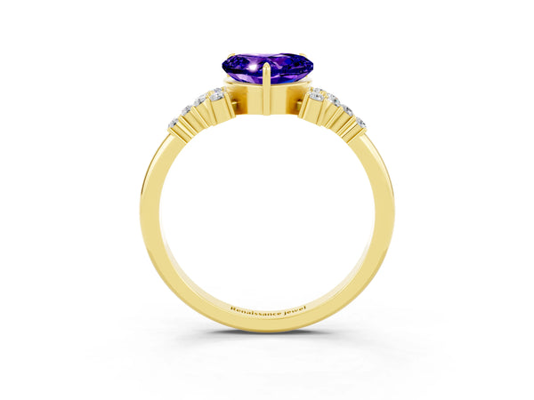 Yellow gold Heart Cut Tanzanite Ring with Side Stones and Four-Prong Setting