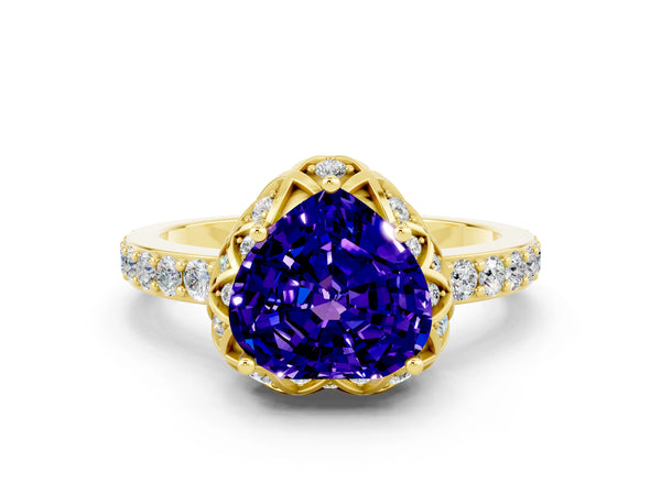 Yellow gold Heart Cut Tanzanite Scalloped Halo Engagement Ring with Round Shared Prong Band
