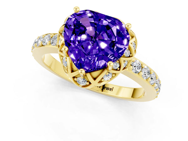 Yellow gold Heart Cut Tanzanite Scalloped Halo Engagement Ring with Round Shared Prong Band