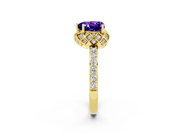 Yellow gold Heart Cut Tanzanite Scalloped Halo Engagement Ring with Round Shared Prong Band
