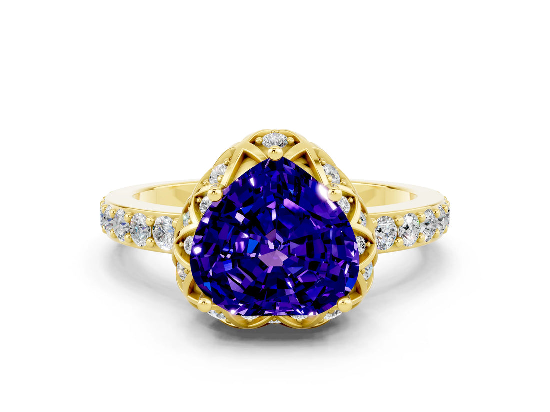 Yellow gold Heart Cut Tanzanite Scalloped Halo Engagement Ring with Round Shared Prong Band_24