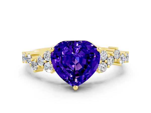 Yellow gold Heart Cut Tanzanite Scattered Round Accent Ring with Prong Setting