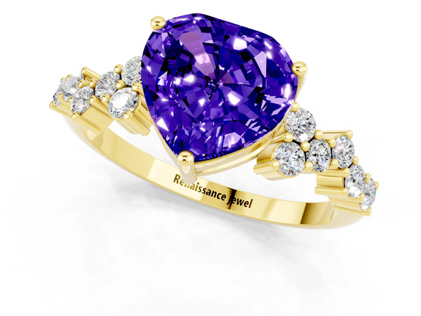 Yellow gold Heart Cut Tanzanite Scattered Round Accent Ring with Prong Setting