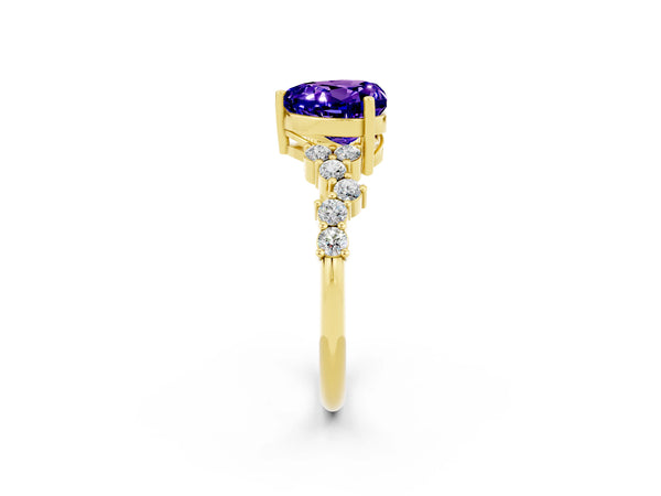 Yellow gold Heart Cut Tanzanite Scattered Round Accent Ring with Prong Setting