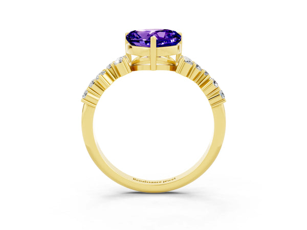 Yellow gold Heart Cut Tanzanite Scattered Round Accent Ring with Prong Setting