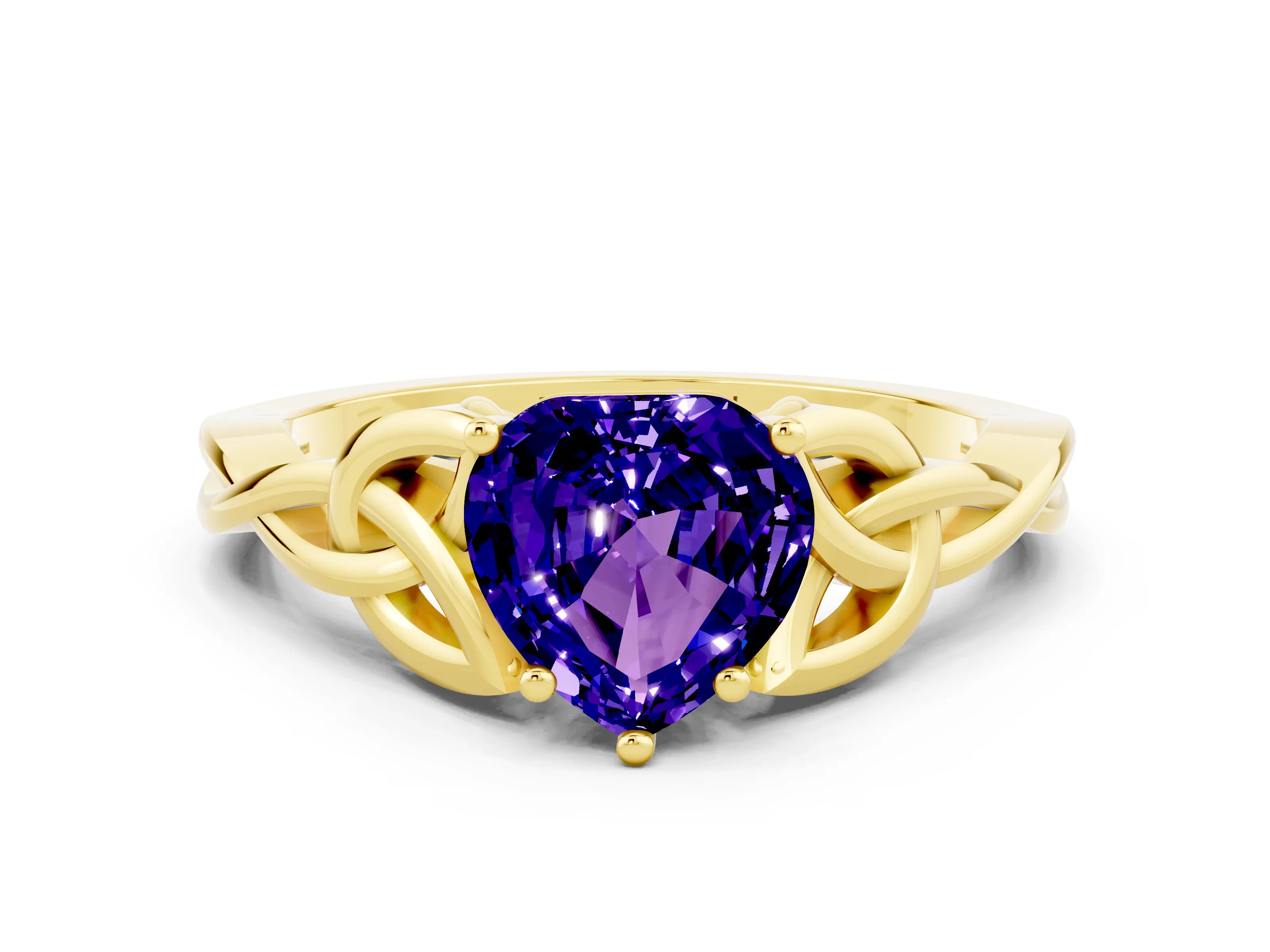 Yellow gold Heart Cut Tanzanite Solitaire Celtic Knot Ring with Four-Prong Setting_12