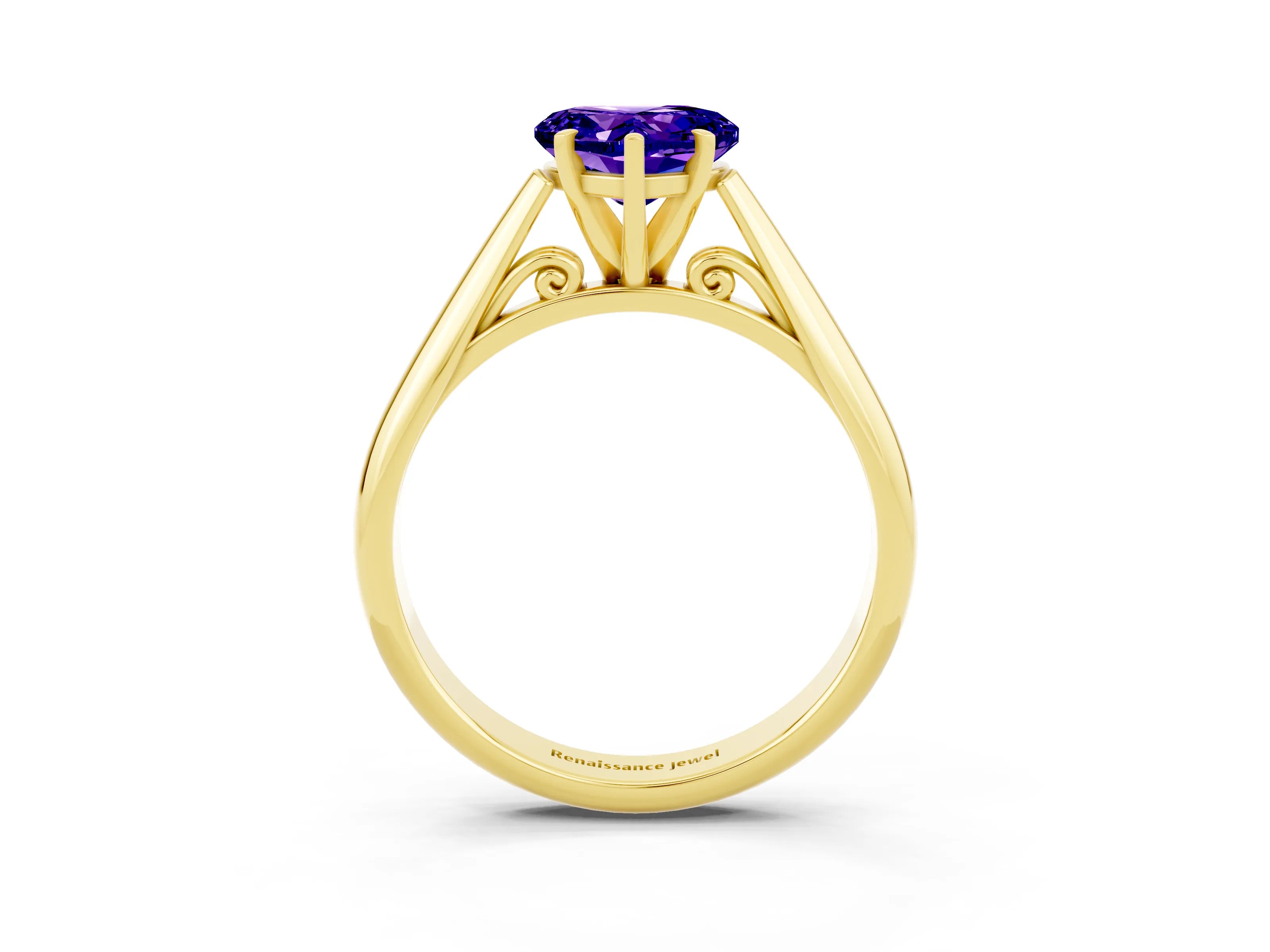 Yellow gold Heart Cut Tanzanite Solitaire Engagement Ring with Cathedral Setting and Four-Prong Mount_15