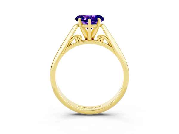 Yellow gold Heart Cut Tanzanite Solitaire Engagement Ring with Cathedral Setting and Four-Prong Mount