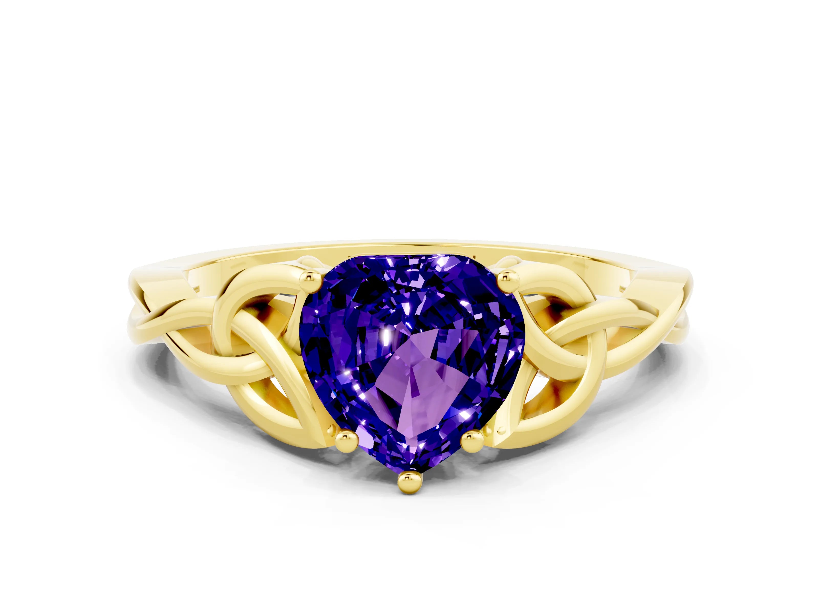 Yellow gold Heart Cut Tanzanite Solitaire Engagement Ring with Celtic Knot Band and Four-Prong Setting