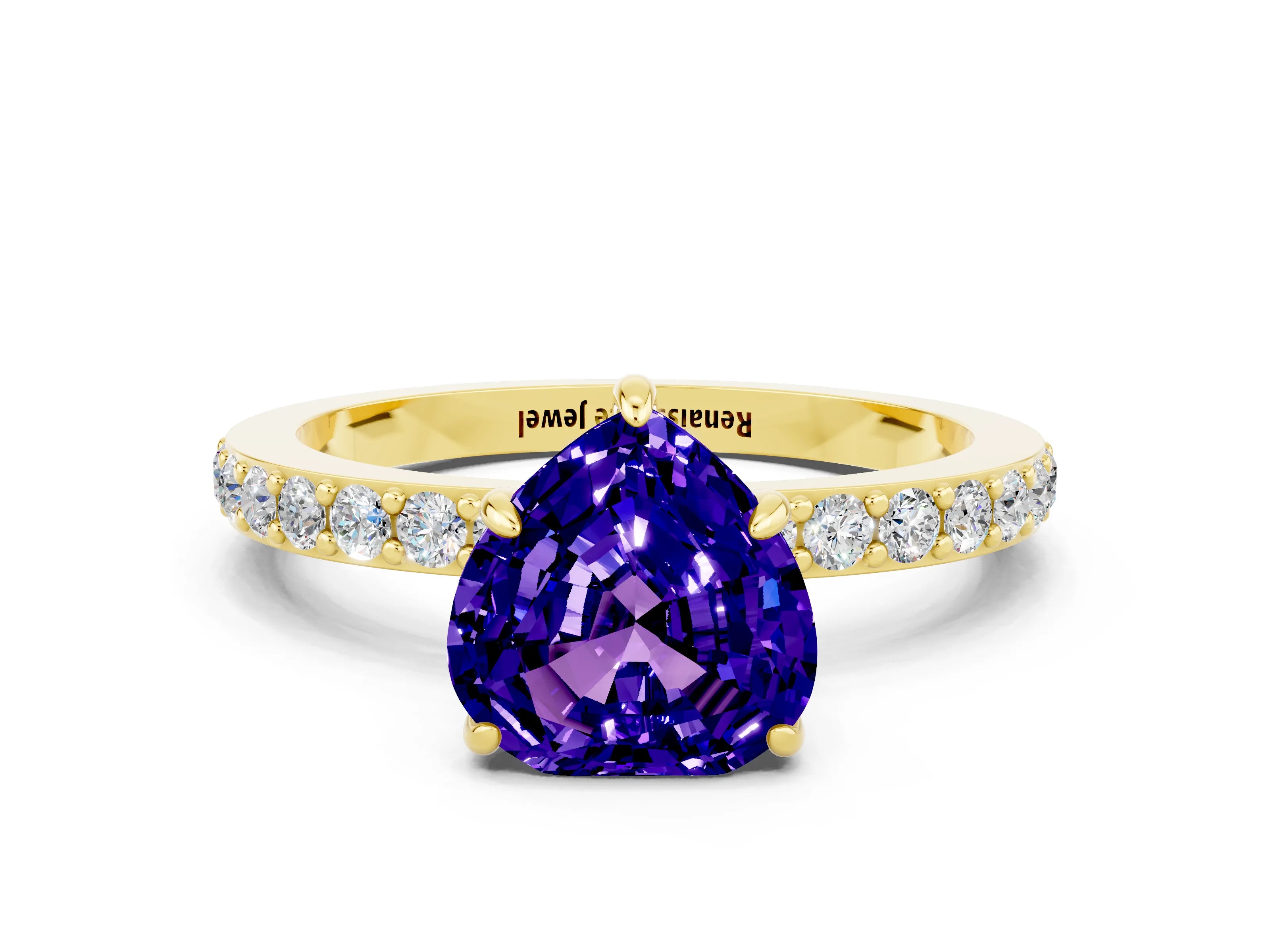 Yellow gold Heart Cut Tanzanite Solitaire Engagement Ring with Pavé Band and Four-Prong Setting
