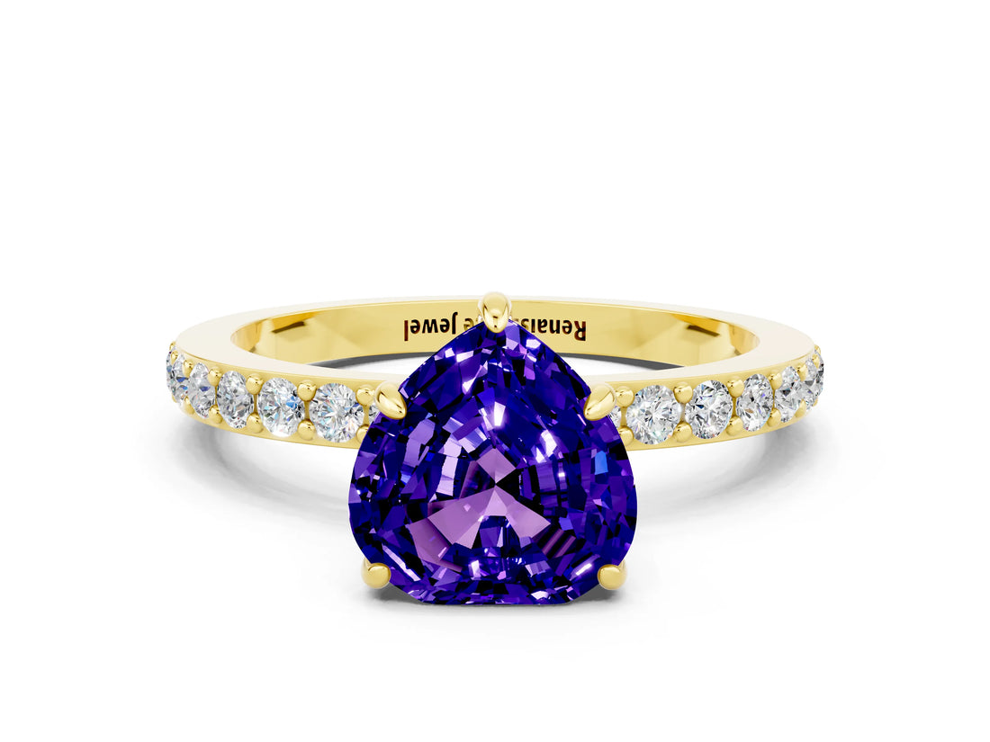 Yellow gold Heart Cut Tanzanite Solitaire Engagement Ring with Pavé Band and Four-Prong Setting
