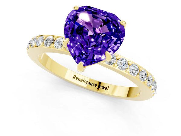 Yellow gold Heart Cut Tanzanite Solitaire Engagement Ring with Pavé Band and Four-Prong Setting