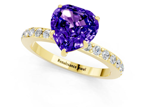 Yellow gold Heart Cut Tanzanite Solitaire Engagement Ring with Pavé Band and Four-Prong Setting_1