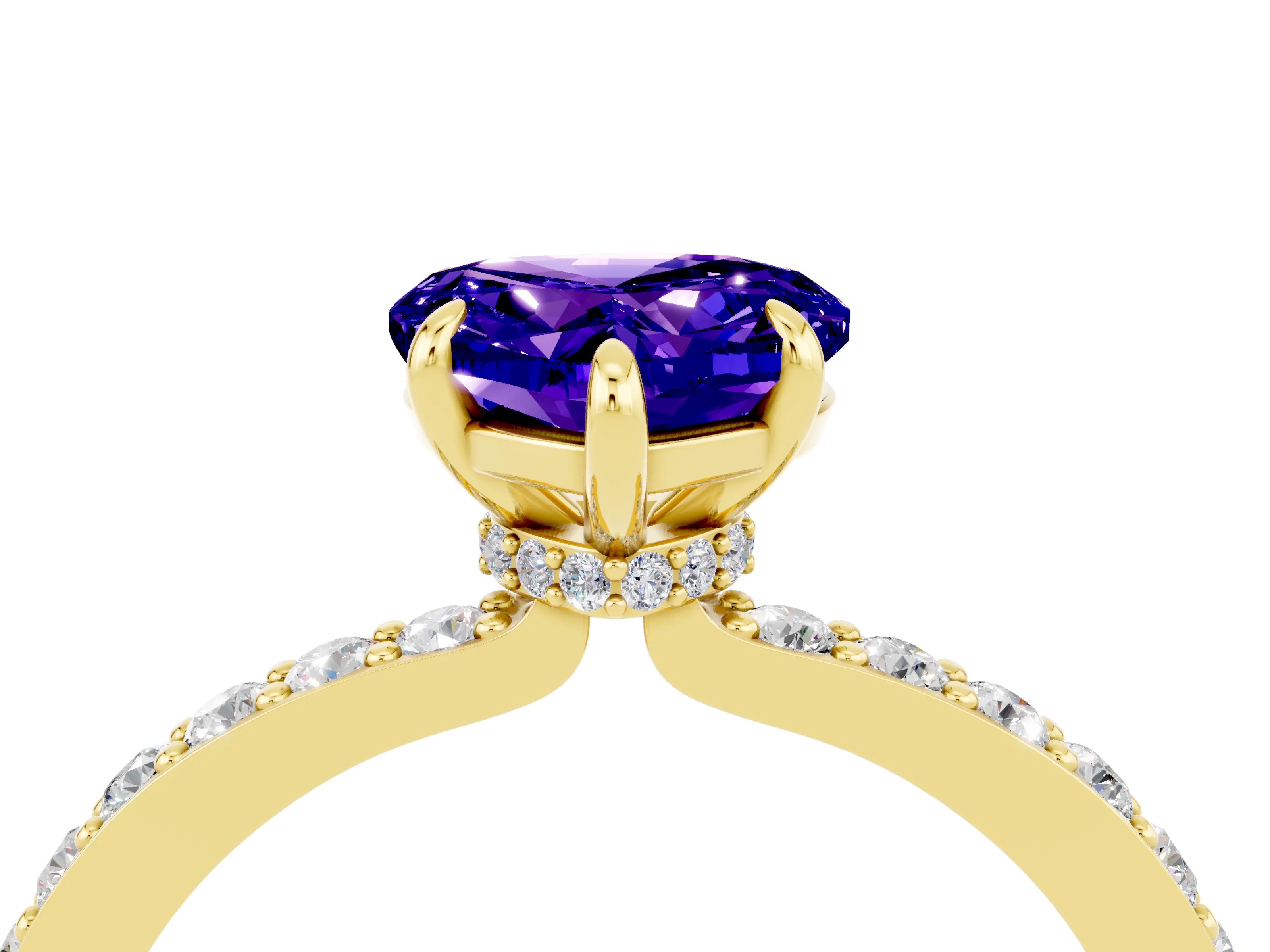 Yellow gold Heart Cut Tanzanite Solitaire Engagement Ring with Pavé Band and Four-Prong Setting_4