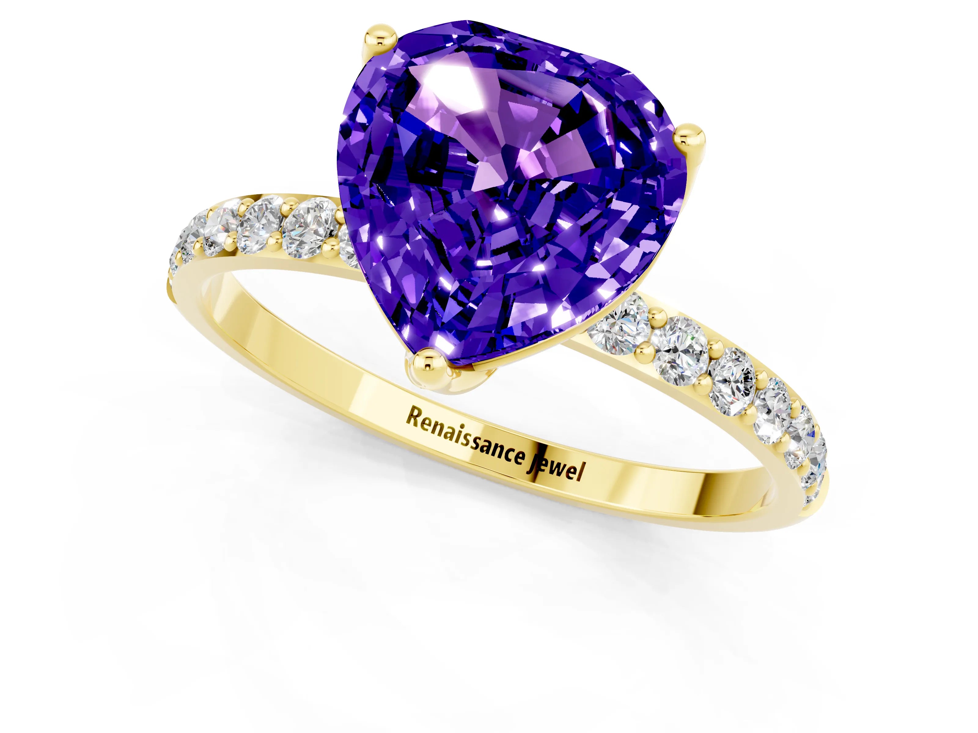 Yellow gold Heart Cut Tanzanite Solitaire Engagement Ring with Pavé Band and Prong Setting_1