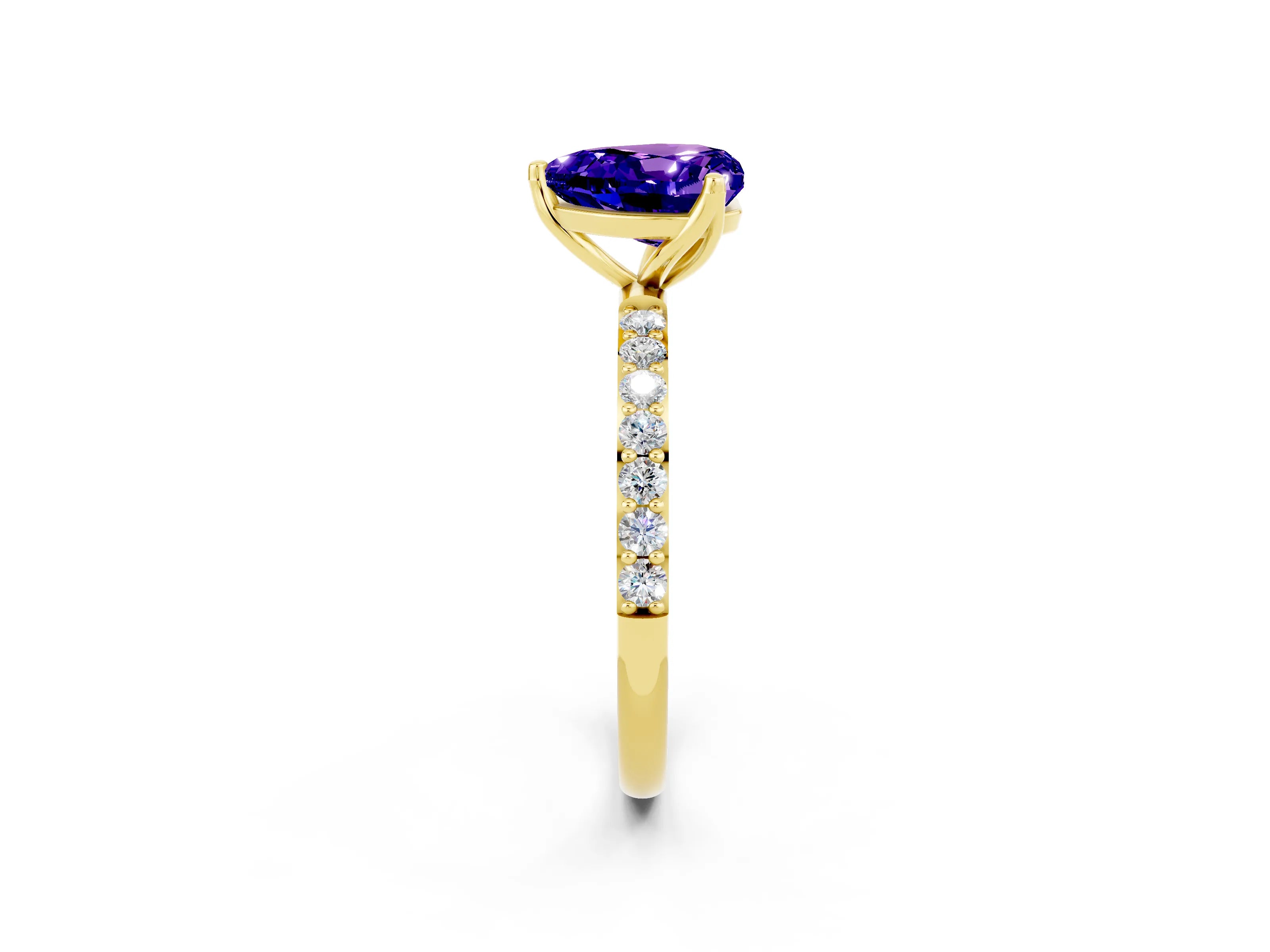 Yellow gold Heart Cut Tanzanite Solitaire Engagement Ring with Pavé Band and Prong Setting_2