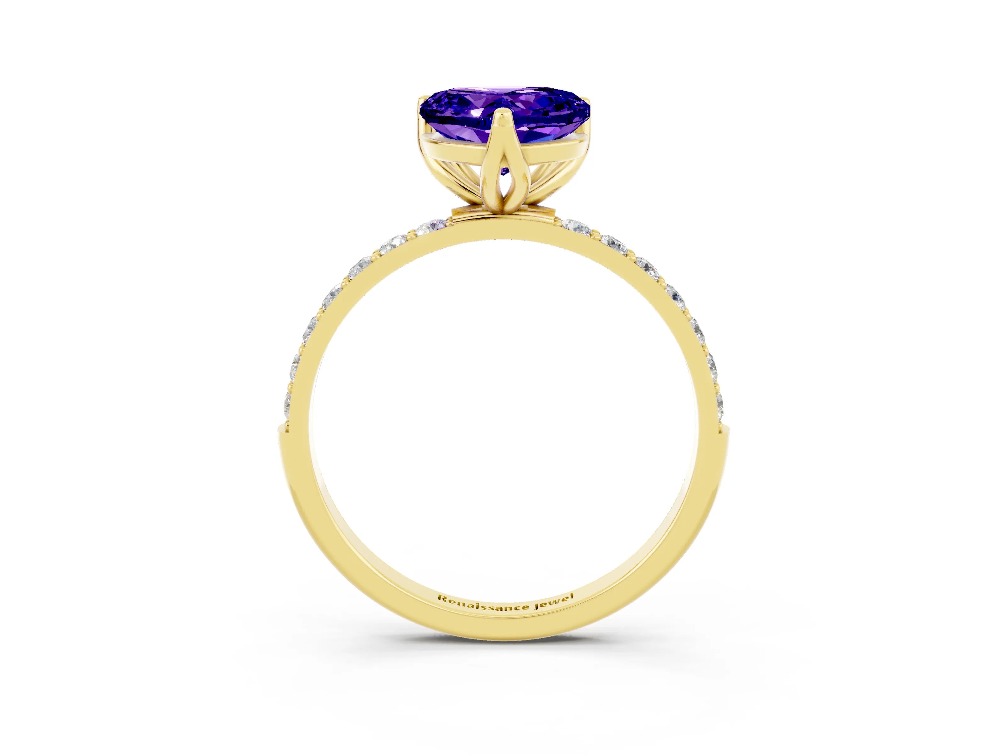 Yellow gold Heart Cut Tanzanite Solitaire Engagement Ring with Pavé Band and Prong Setting_3