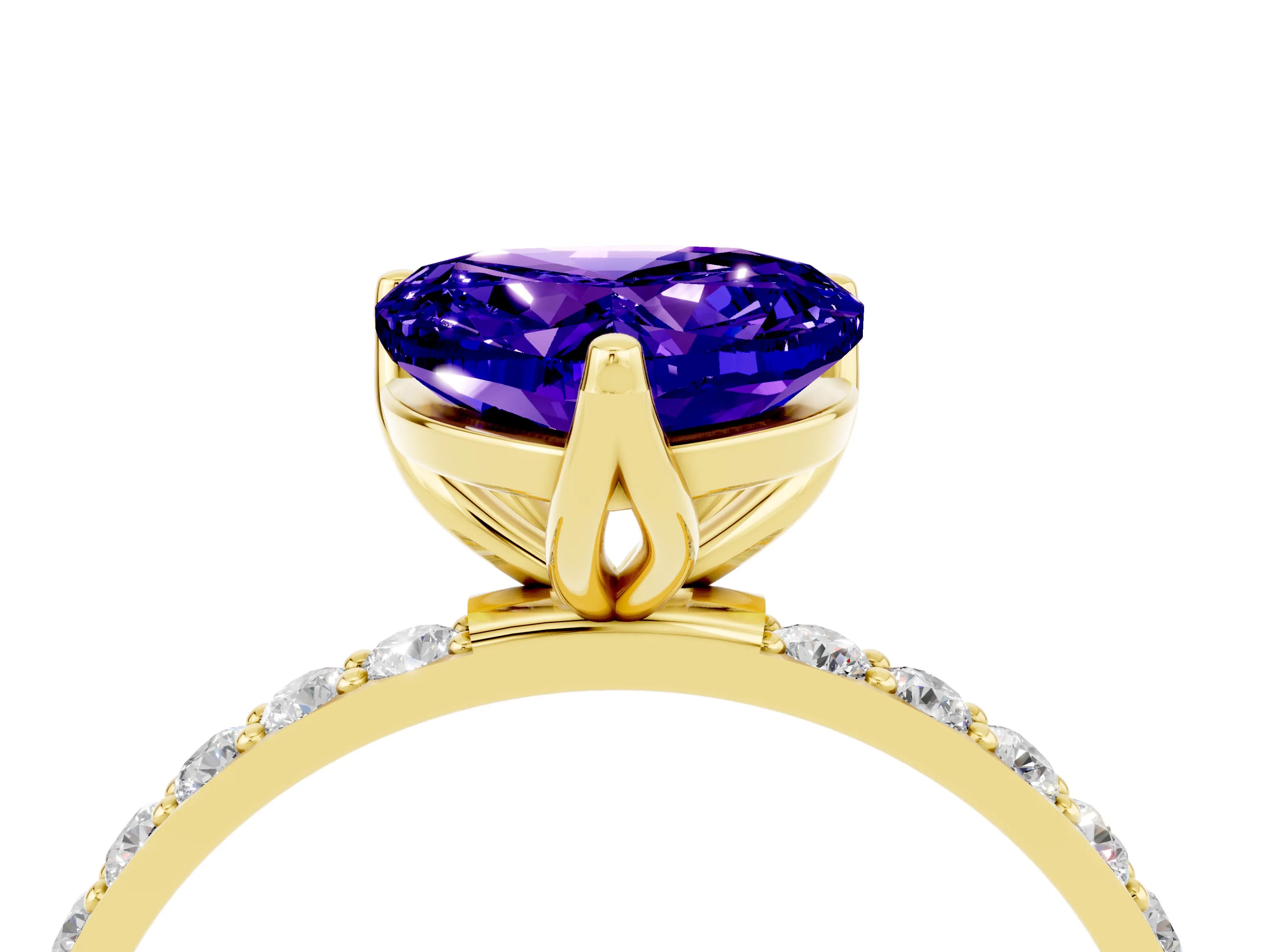 Yellow gold Heart Cut Tanzanite Solitaire Engagement Ring with Pavé Band and Prong Setting_4