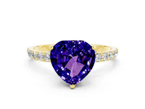 Yellow gold Heart Cut Tanzanite Solitaire Engagement Ring with Pavé Band and Prong Setting