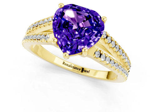 Yellow gold Heart Cut Tanzanite Solitaire Engagement Ring with Split Shank Pavé Band_1