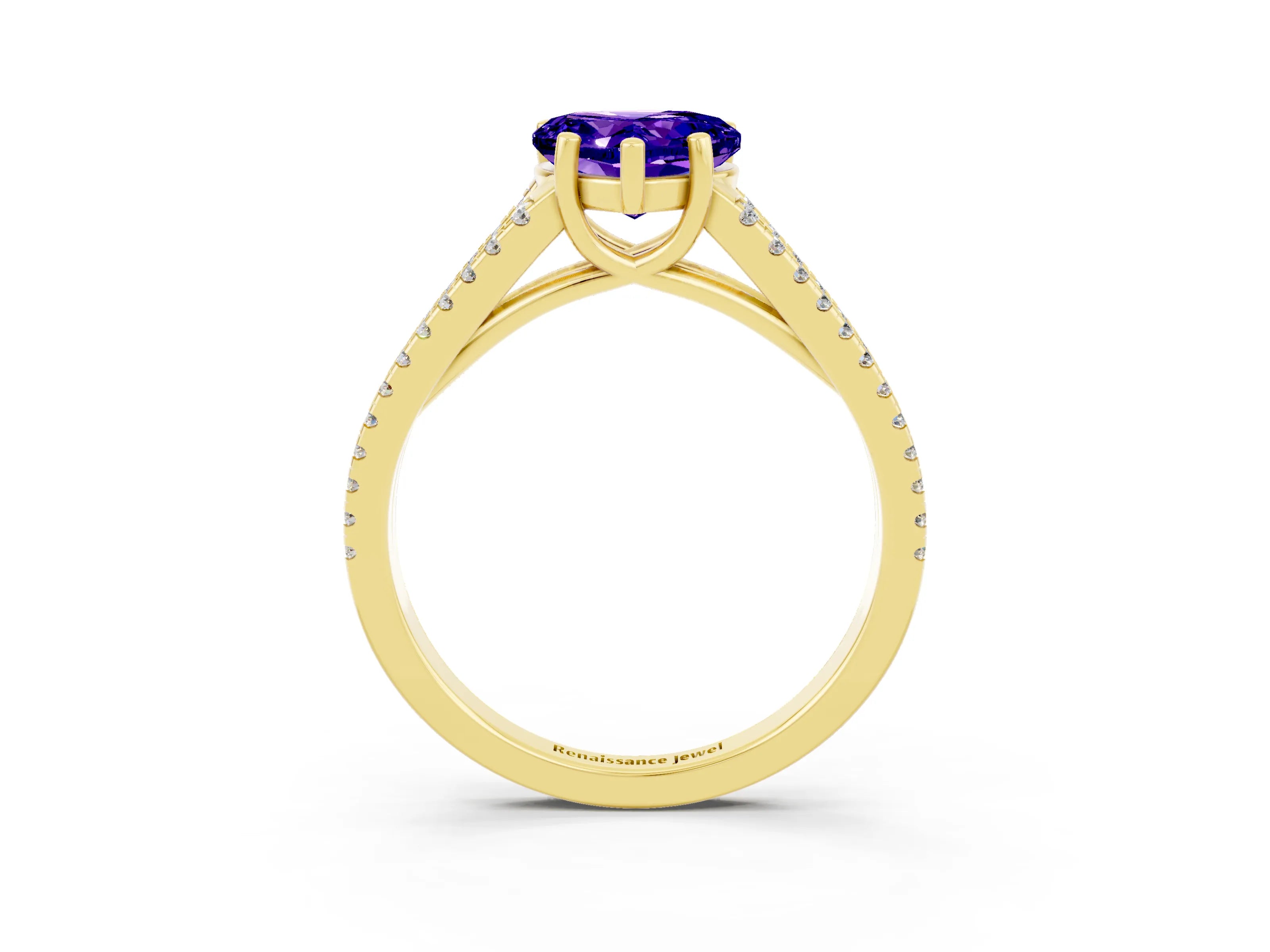Yellow gold Heart Cut Tanzanite Solitaire Engagement Ring with Split Shank Pavé Band_3