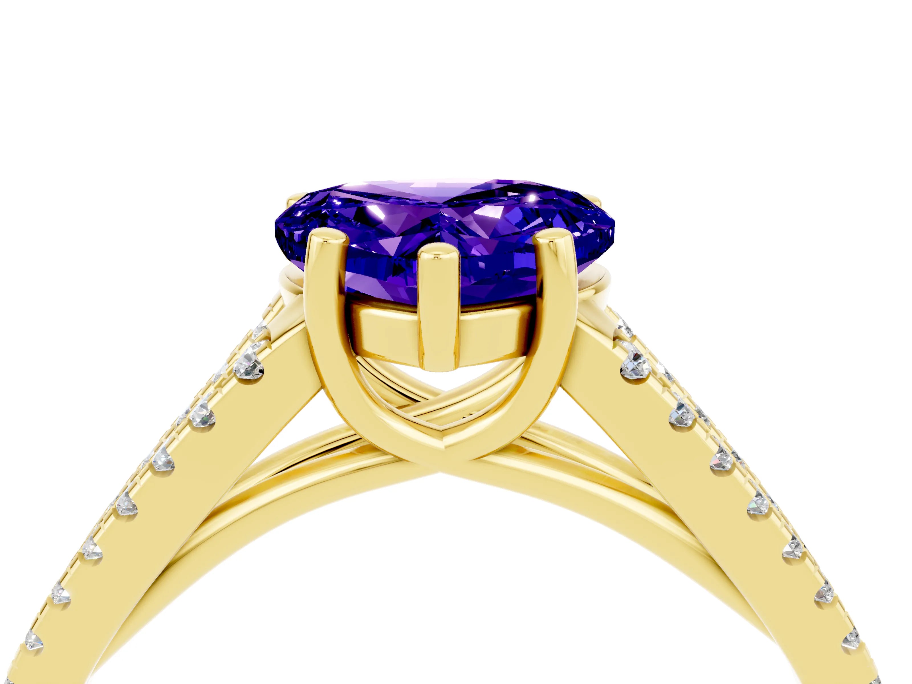 Yellow gold Heart Cut Tanzanite Solitaire Engagement Ring with Split Shank Pavé Band_4
