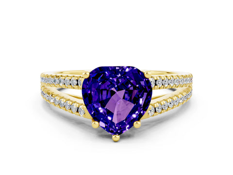 Yellow gold Heart Cut Tanzanite Solitaire Engagement Ring with Split Shank Pavé Band