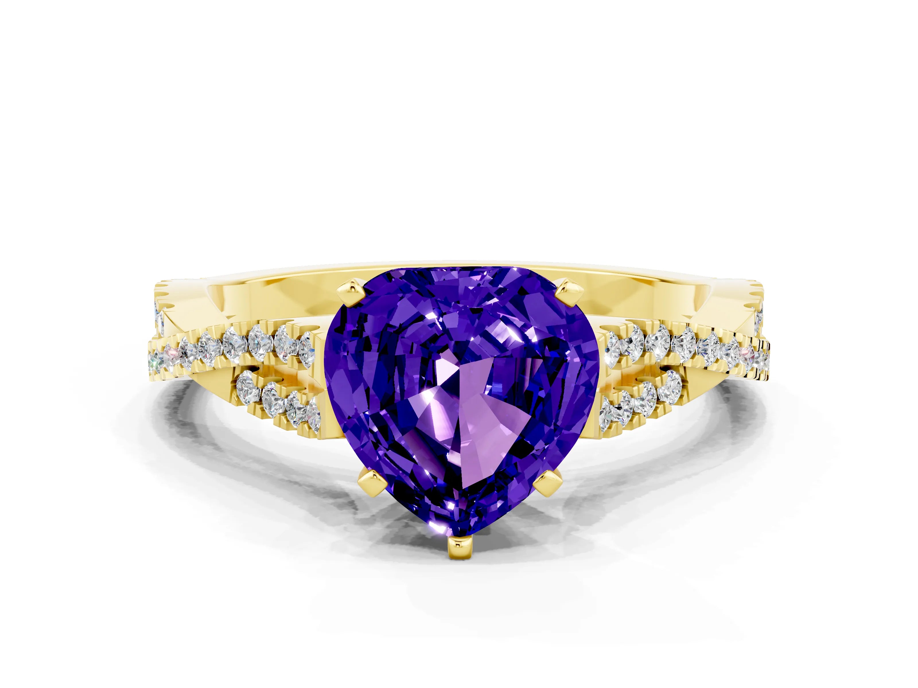 Yellow gold Heart Cut Tanzanite Solitaire Engagement Ring with Twisted Pavé Band and Four-Prong Setting_12