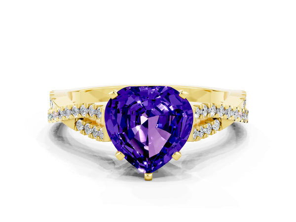 Yellow gold Heart Cut Tanzanite Solitaire Engagement Ring with Twisted Pavé Band and Four-Prong Setting