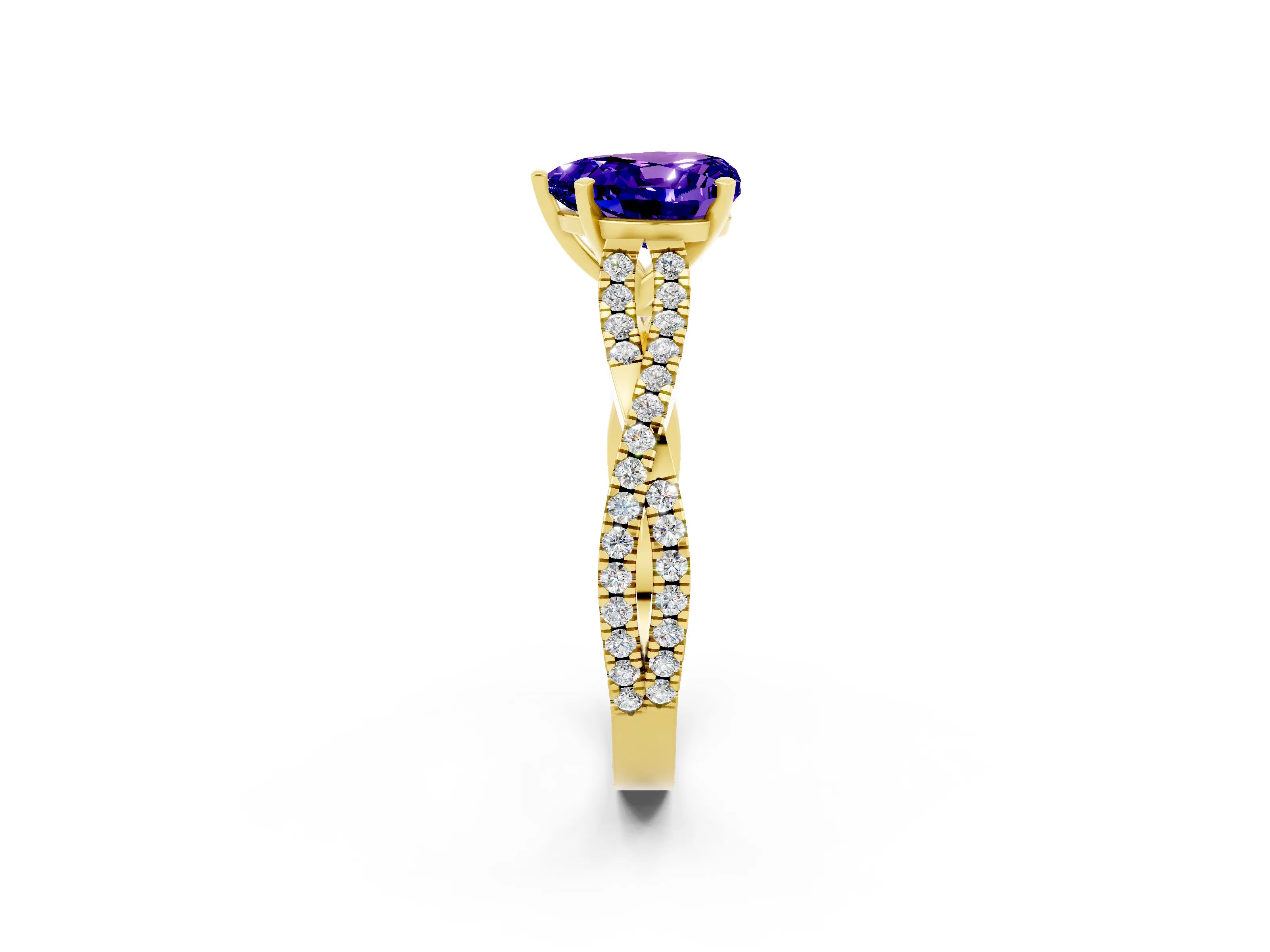 Yellow gold Heart Cut Tanzanite Solitaire Engagement Ring with Twisted Pavé Band and Four-Prong Setting_14