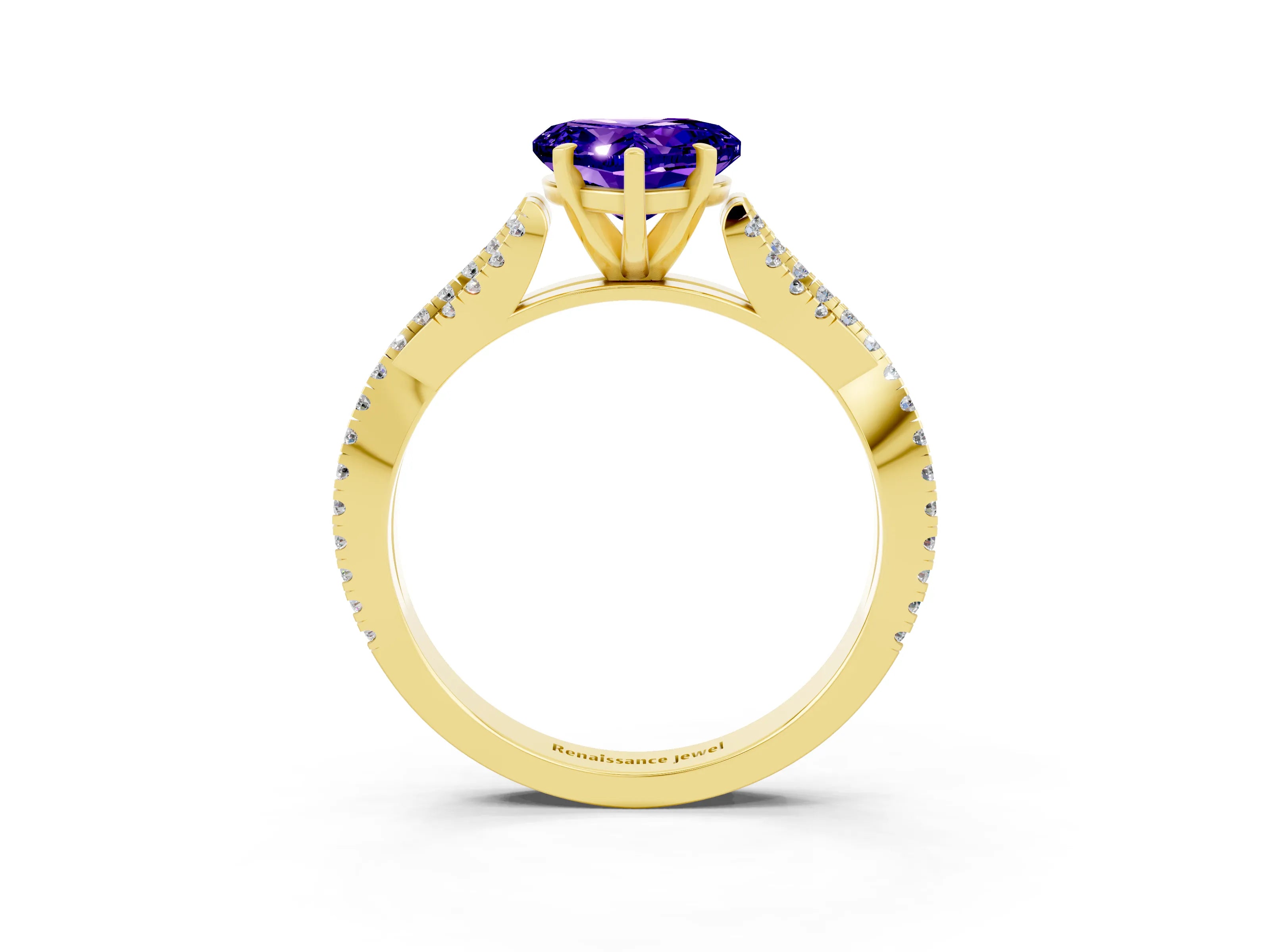 Yellow gold Heart Cut Tanzanite Solitaire Engagement Ring with Twisted Pavé Band and Four-Prong Setting_15