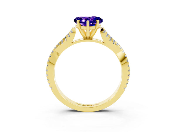 Yellow gold Heart Cut Tanzanite Solitaire Engagement Ring with Twisted Pavé Band and Four-Prong Setting