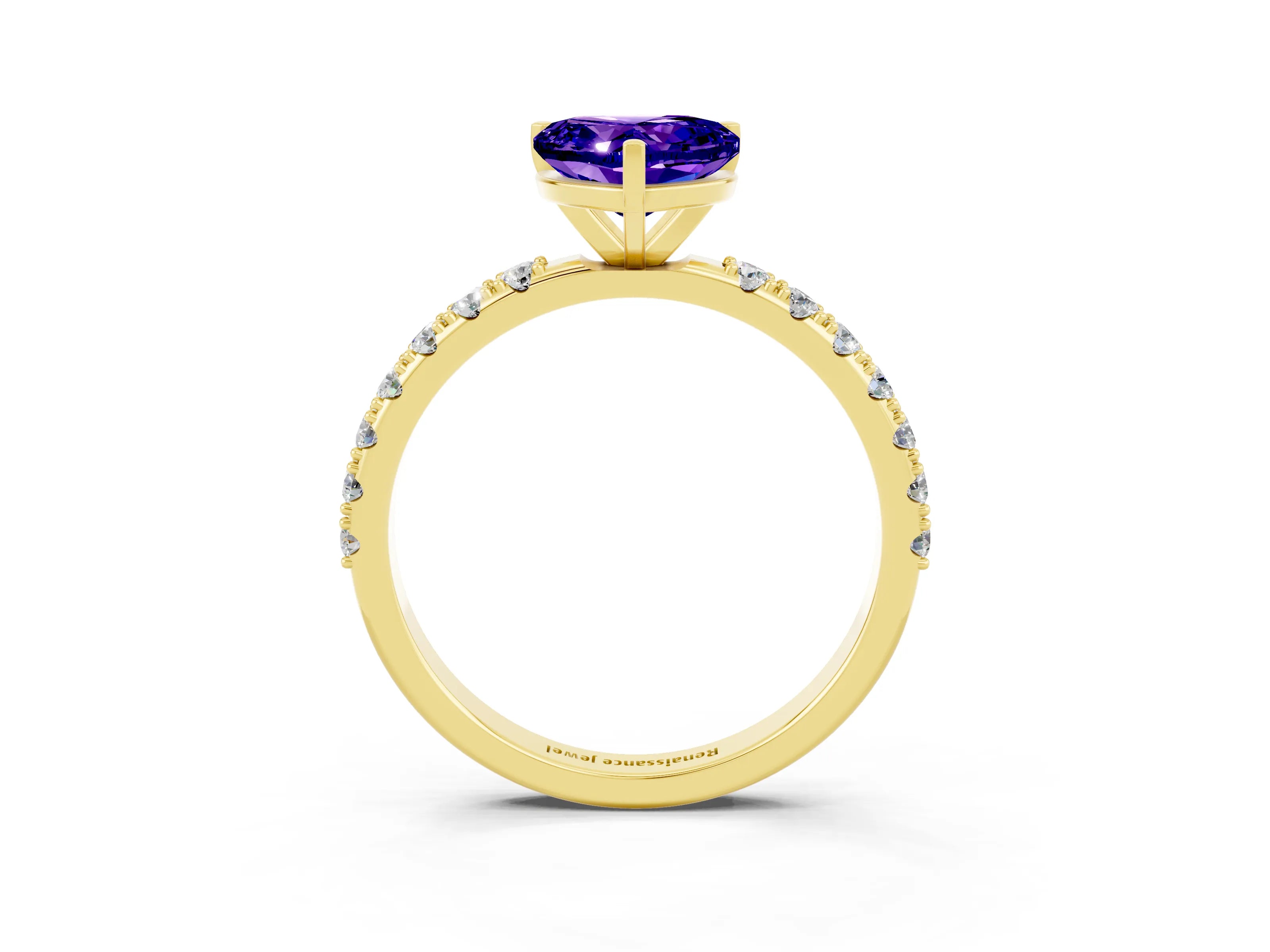 Yellow gold Heart Cut Tanzanite Solitaire Pavé Band with Four-Prong Setting_3