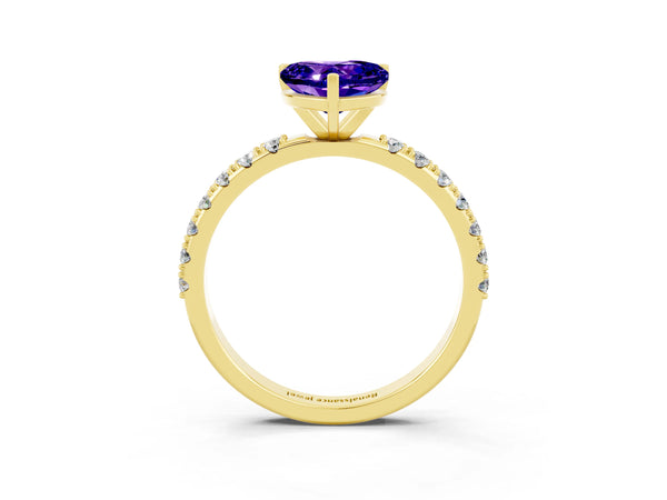 Yellow gold Heart Cut Tanzanite Solitaire Pavé Band with Four-Prong Setting