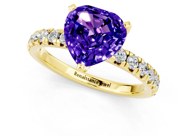 Yellow gold Heart Cut Tanzanite Solitaire Pavé Engagement Ring with Round Band and Prong Setting