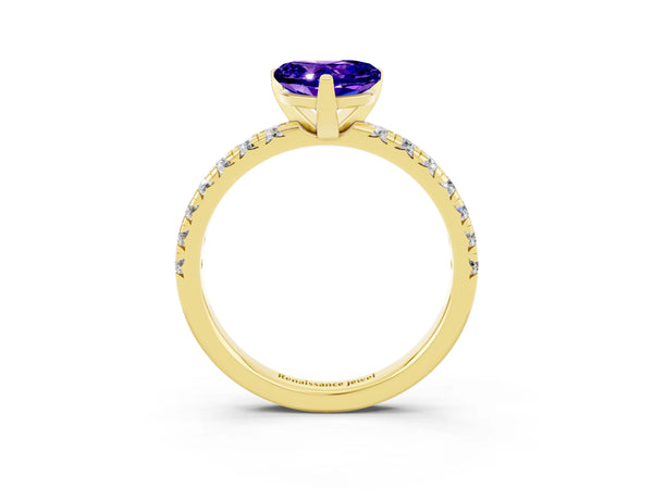 Yellow gold Heart Cut Tanzanite Solitaire Pavé Engagement Ring with Round Band and Prong Setting
