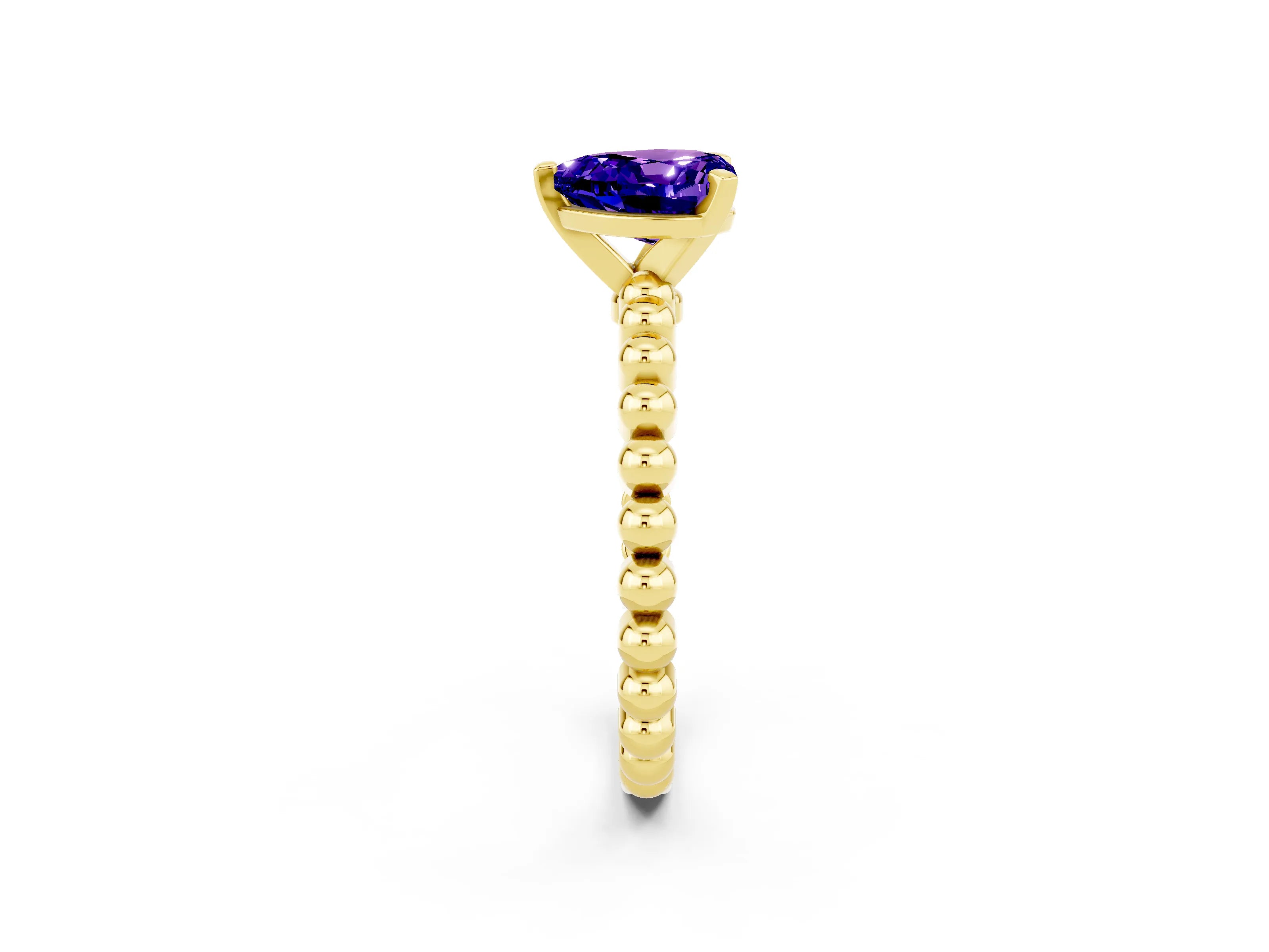 Yellow gold Heart Cut Tanzanite Solitaire Ring with Beaded Band and Prong Setting_2
